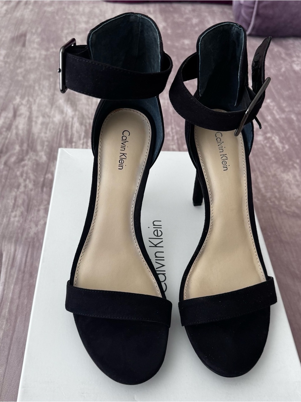 Calvin Klein Black Suede Open-Toe Ankle Strap Heels